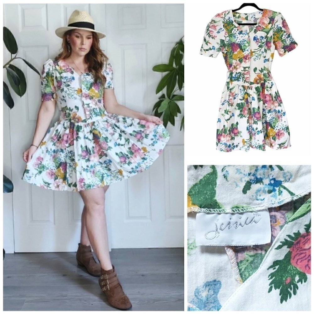 VINTAGE Cotton Linen White Floral Dress